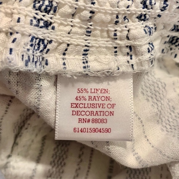 SO Linen Pants Medium White Blue Striped Smocked Waistband Ties Pockets - Picture 9 of 13